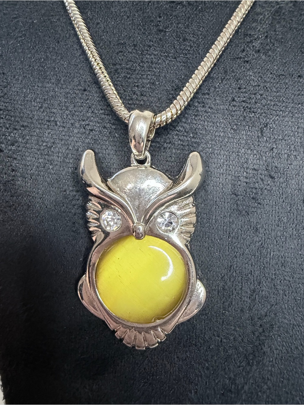 Silver Owl Pendant Necklace with Yellow Cabochon-28"